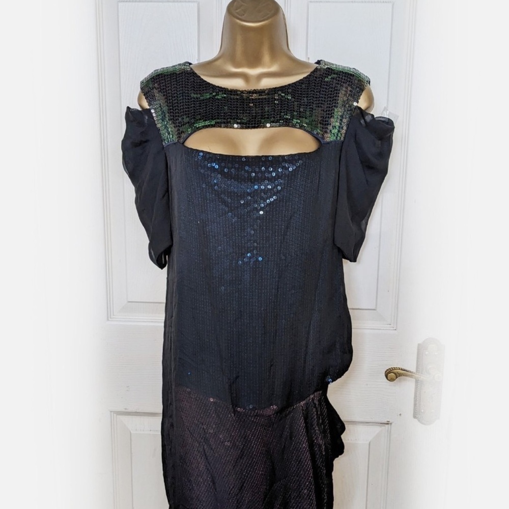 SPORTMAX Colourful Sequin & Black Chiffon Overlay Cold Shoulder Shift Dress Sz M